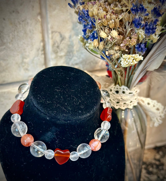Carnelian hearts with clear and fire quartz bracelet