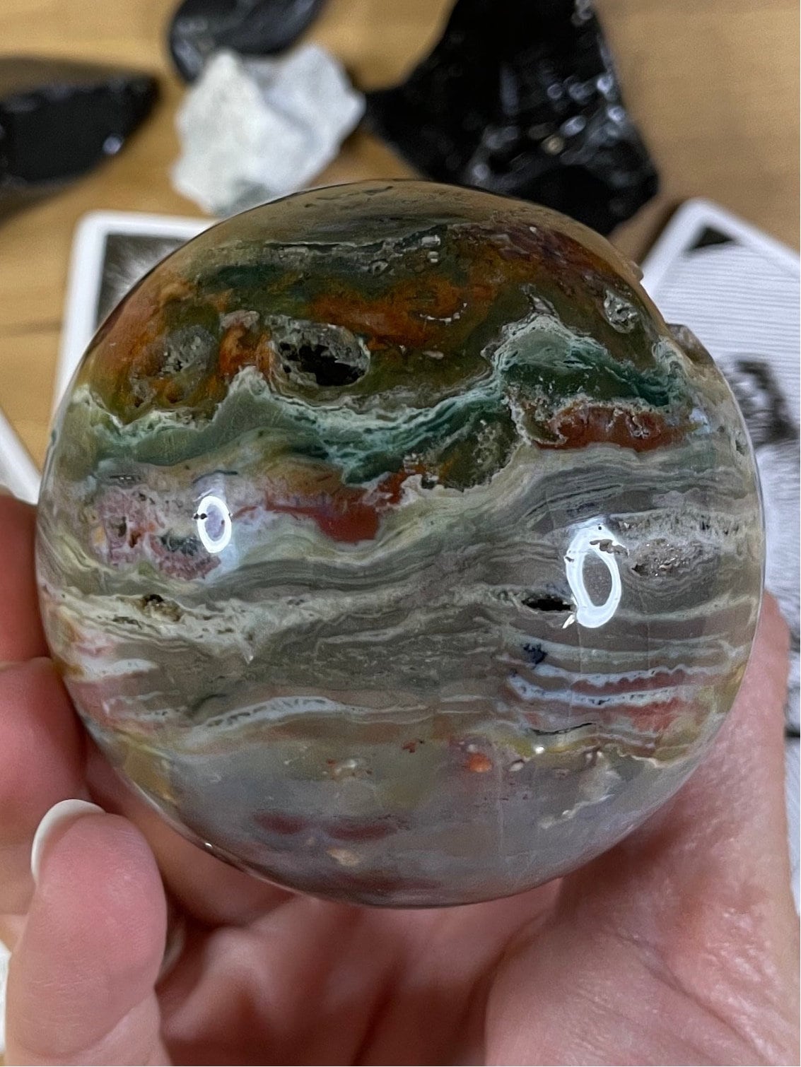 Green, Red, Brown Ocean Jasper Sphere (cellular jasper, ocean orbicular jasper, and Atlantis stone)