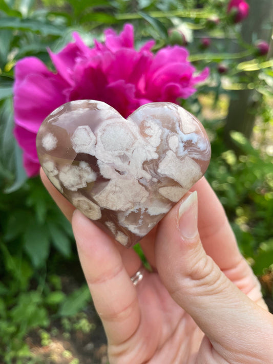 Pink and Blue Flower Agate Carved Heart
